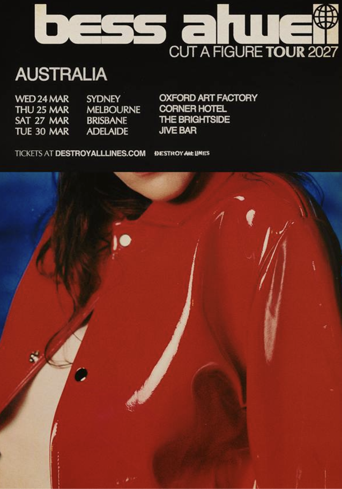 Bess Atwell Cut A Figure Tour 2027 poster featuring a red jacket with Australian concert dates for Sydney, Melbourne, Brisbane, and Adelaide.